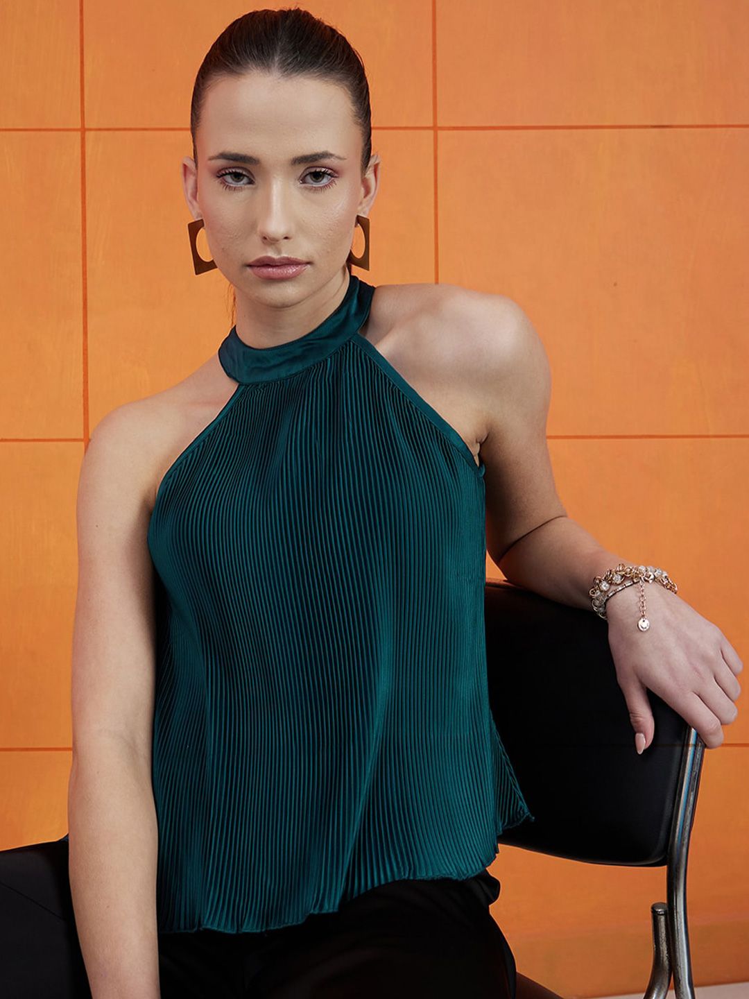 STREET 9 Green High Neck Accordion Pleats A-Line Top