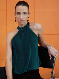 STREET 9 Green High Neck Accordion Pleats A-Line Top