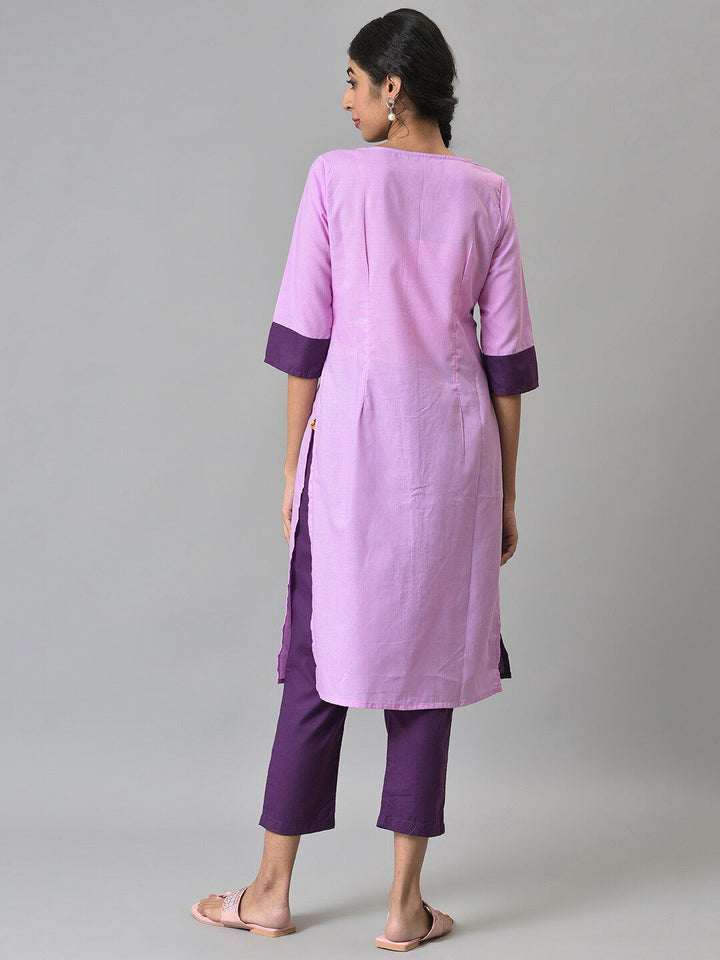 AURELIA Women Purple Colourblocked Panelled Kurta with Palazzos