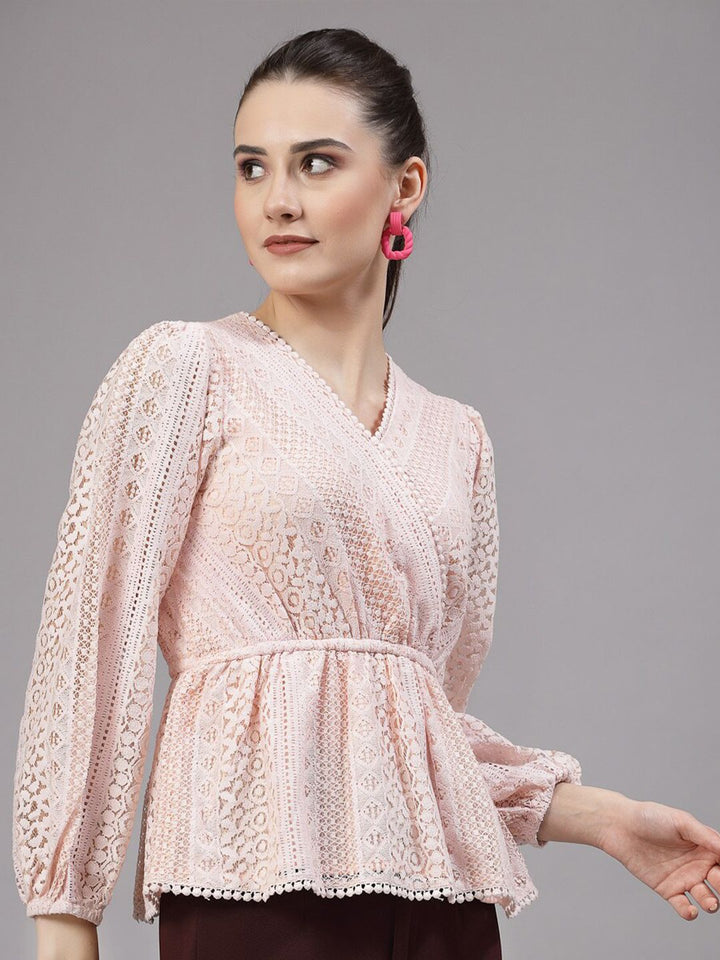 Style Quotient Self Design V-Neck Puff Sleeve Lace Up Cotton Wrap Top