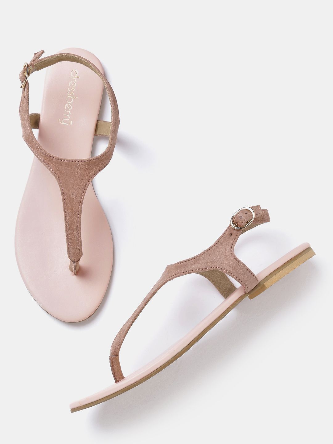 DressBerry Women Dusty Pink Solid T-Strap Flats