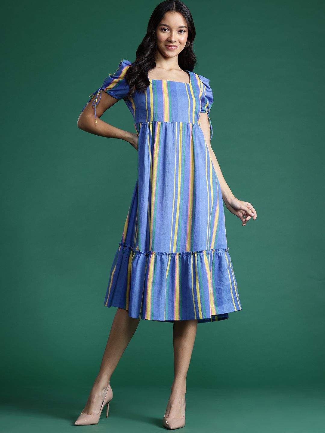 DressBerry Striped Puff Sleeve Fit & Flare Dress