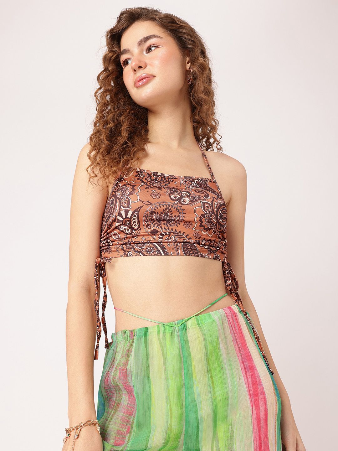 DressBerry Y2K Dominance Halter Tie-Up Ruched Crop Top