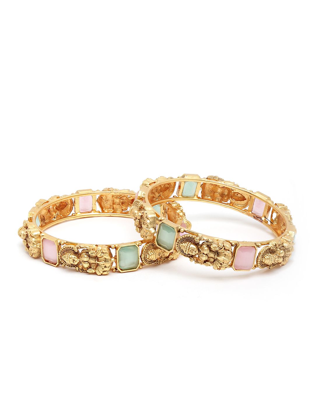KARATCART Women Set of 2 Gold-Toned & Blue Rajwadi Gold Plated Temple Bangles