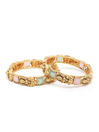 KARATCART Women Set of 2 Gold-Toned & Blue Rajwadi Gold Plated Temple Bangles