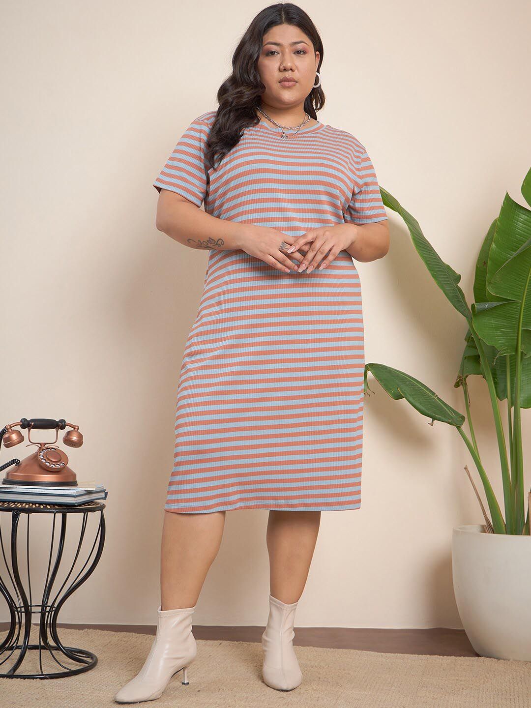 CURVY STREET Maroon Plus Size Striped Midi T-shirt Dress