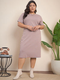CURVY STREET Maroon Plus Size Striped Midi T-shirt Dress