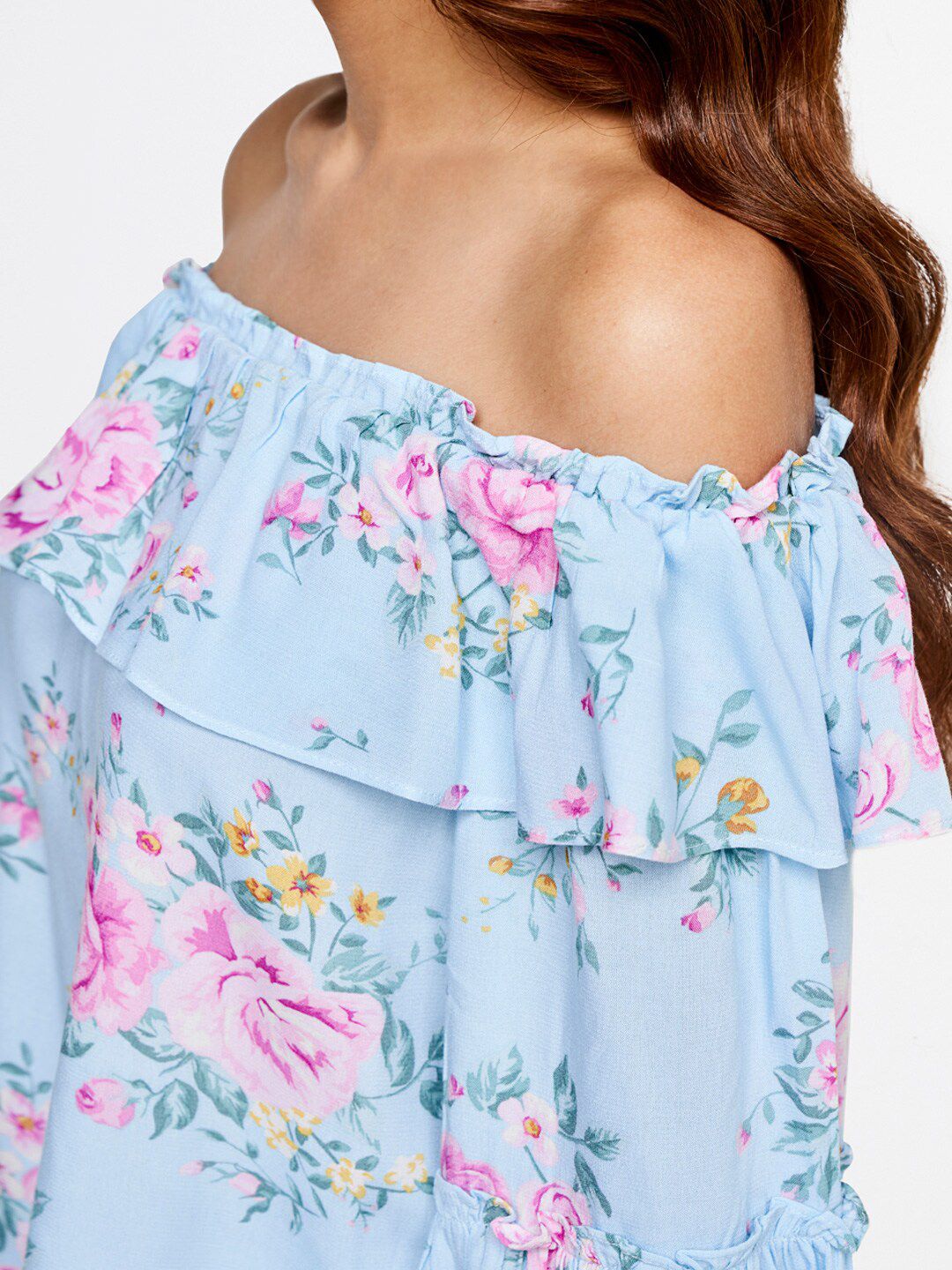AND Blue Floral Print Off-Shoulder Bardot Top