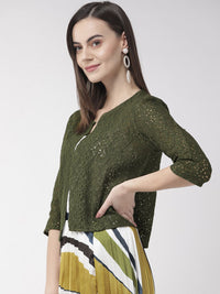 Style Quotient Women Olive Green Self Design Open Front Crop Shrug