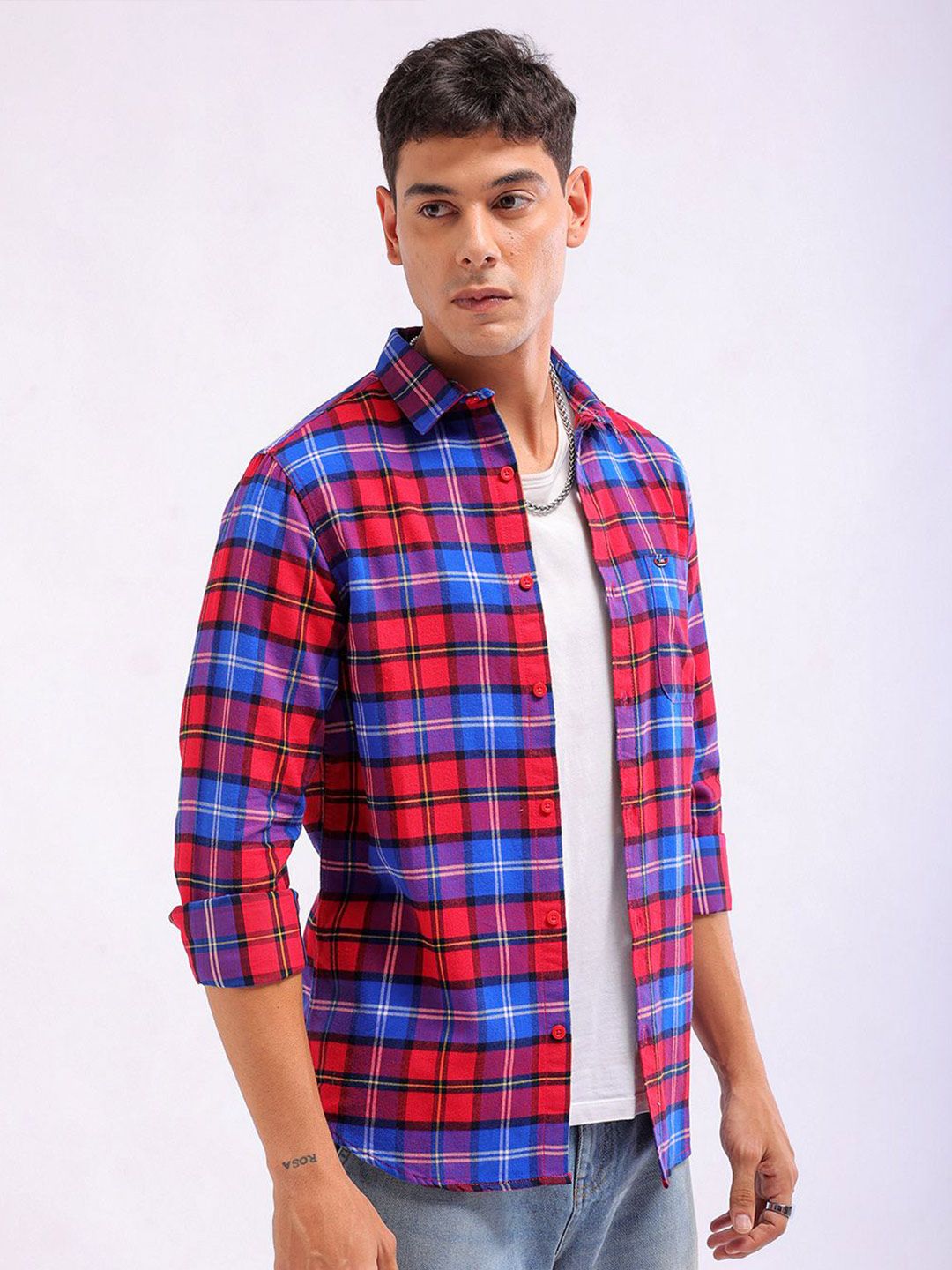 The Indian Garage Co Slim Fit Checked Spread Collar Pure Cotton Casual Shirt