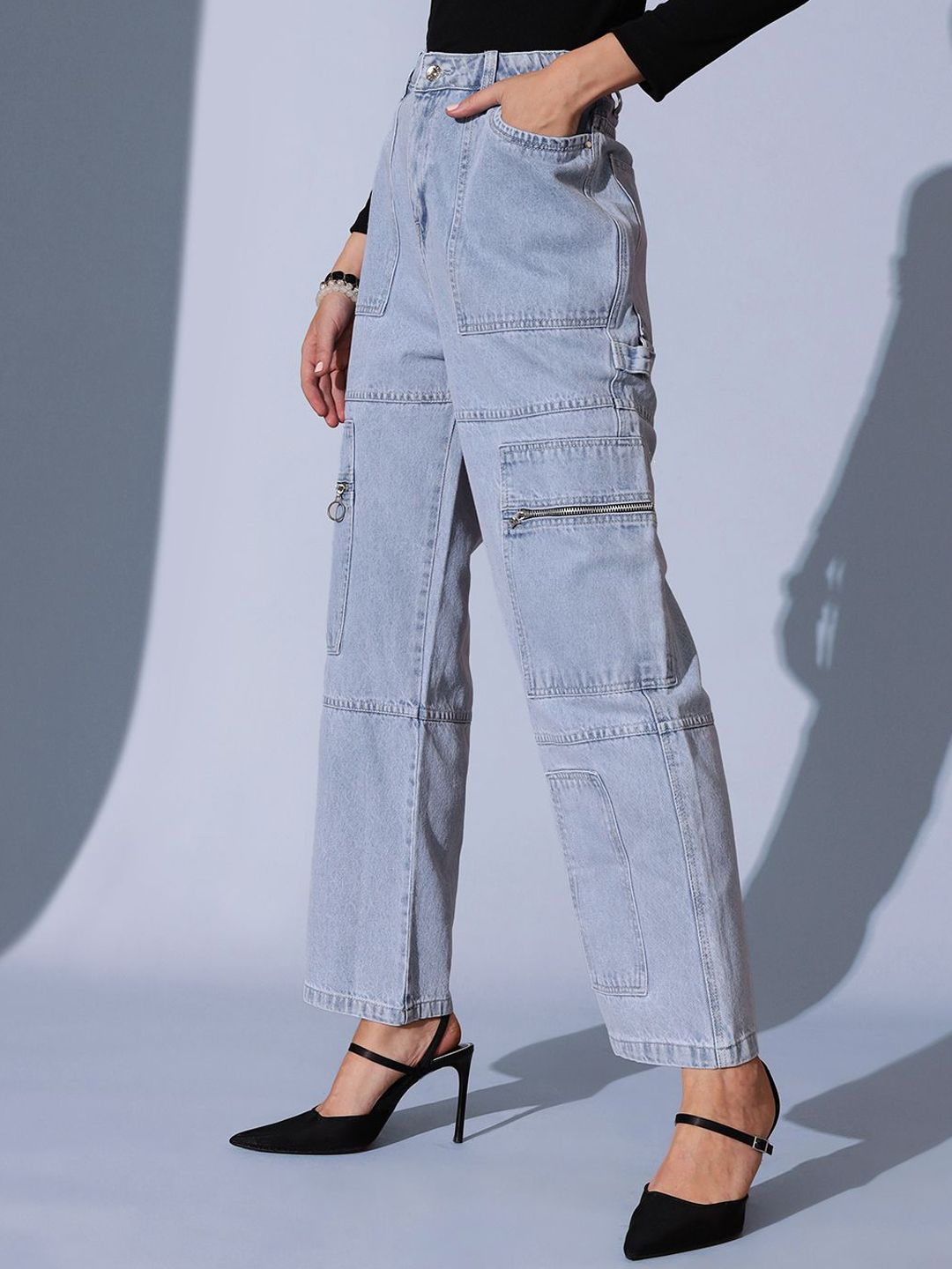 STREET 9 Women Comfort Relaxed Fit High-Rise Low Distress Heavy Fade Jeans