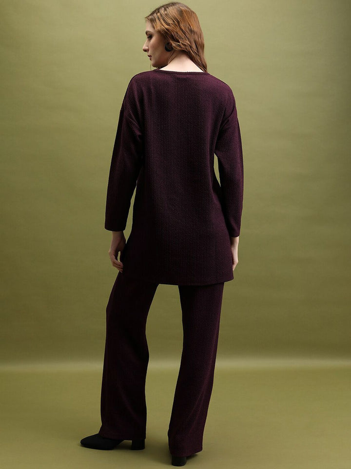 Tokyo Talkies Burgundy Self-Design Round Neck Tunic & Trousers