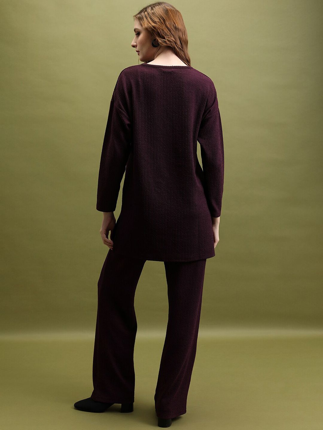 Tokyo Talkies Burgundy Self-Design Round Neck Tunic & Trousers
