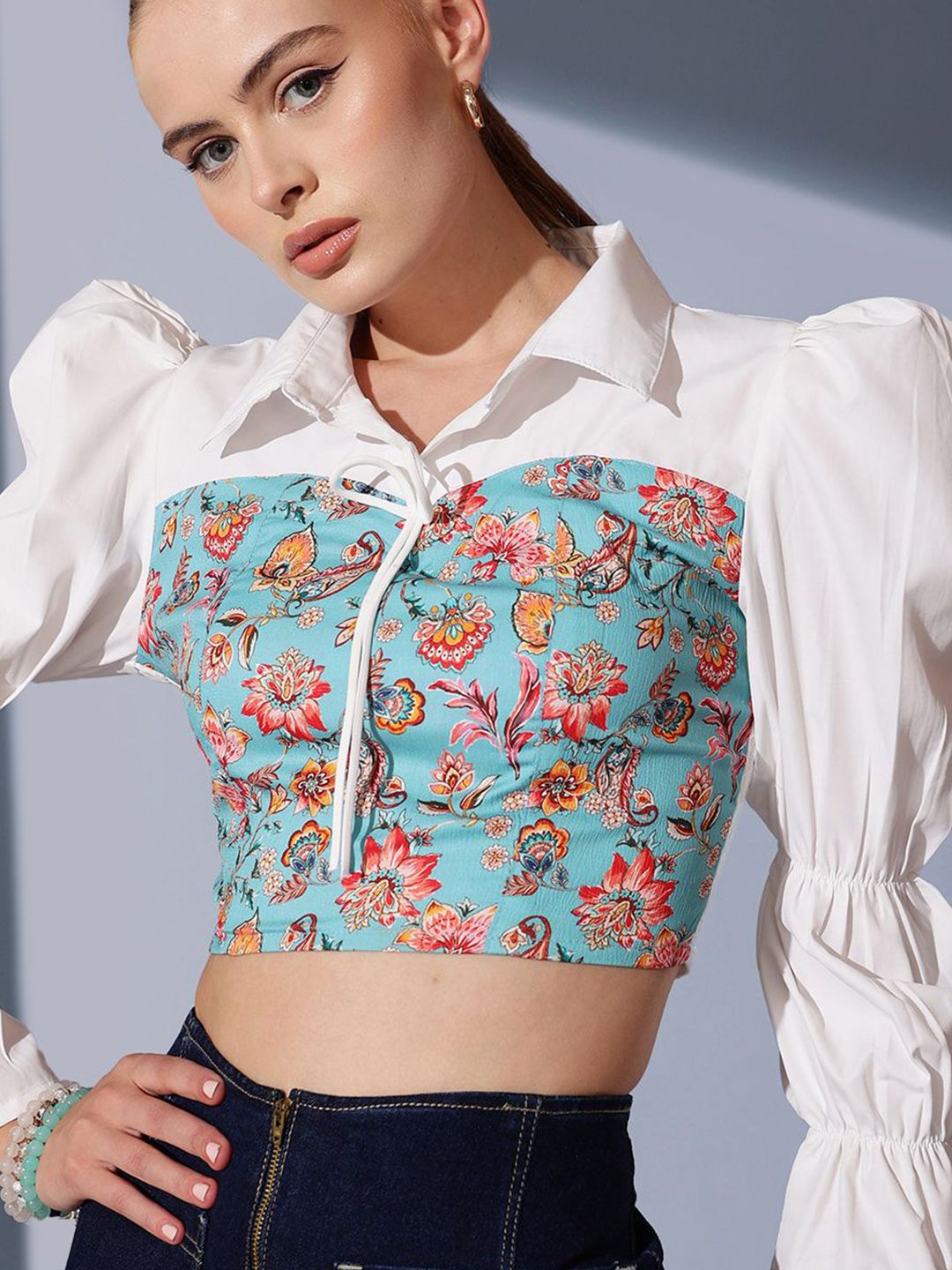 STREET 9 Floral Printed Pure Cotton Crop Shirt Style Top