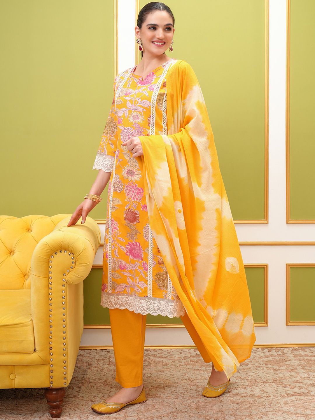 Vishudh Floral Printed Regular Thread Work Pure Cotton Kurta with Trousers & With Dupatta