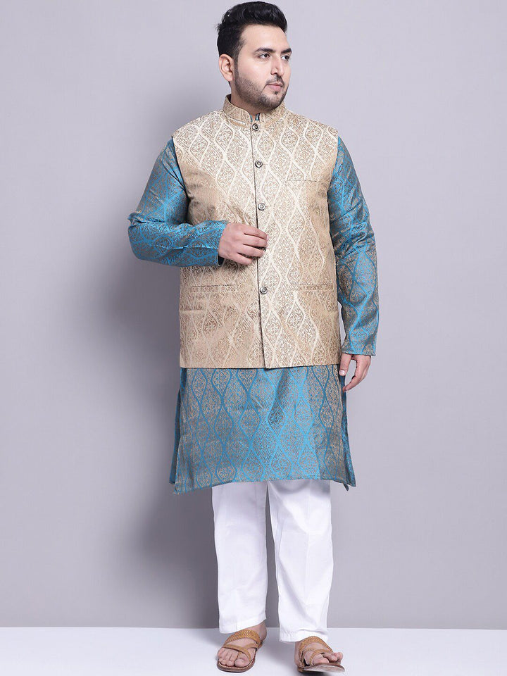 SOJANYA PLUS Ethnic Woven Design Regular Straight Kurta & Pyjamas With Nehru Jacket