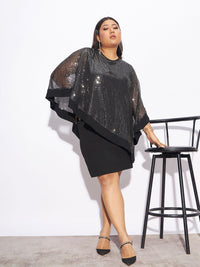 SASSAFRAS Curve Plus Size Black Cape Sleeves Sequinned Sheath Dress