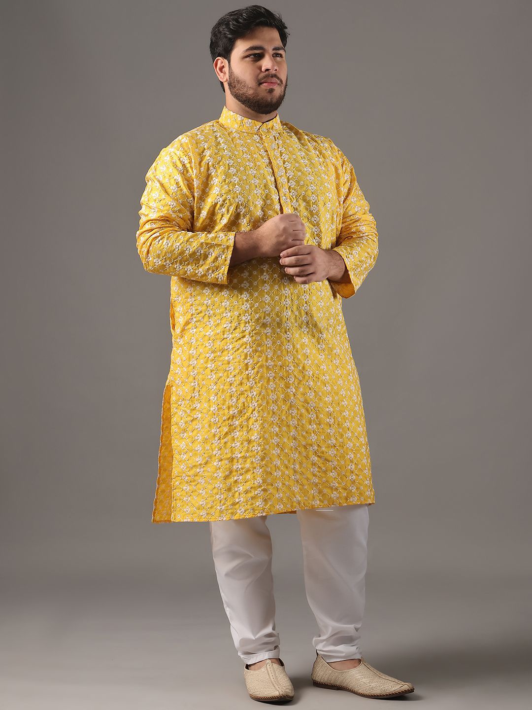 SOJANYA PLUS Plus Size Lelaki Sulam Bunga Kapas Tulen Kurta Lurus Dengan Piyama