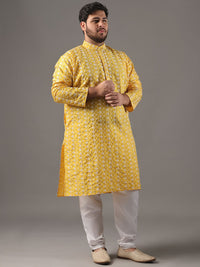 SOJANYA PLUS Plus Size Lelaki Sulam Bunga Kapas Tulen Kurta Lurus Dengan Piyama