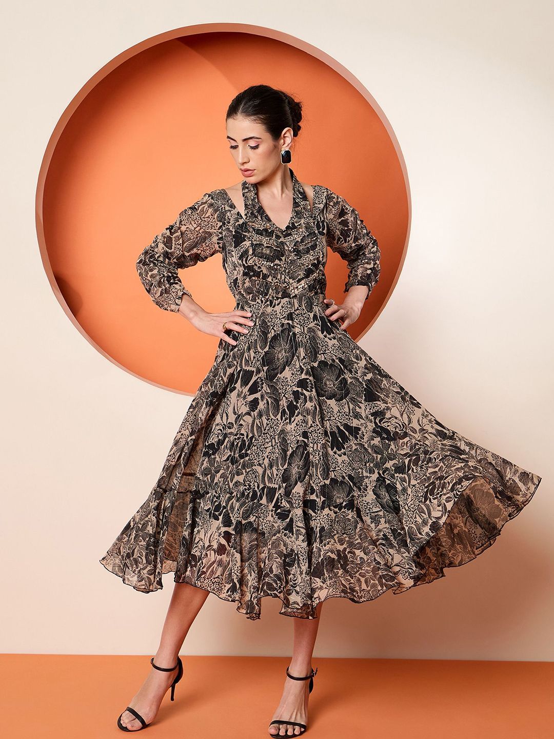 Antheaa Women Embellished Floral Printed Puff Sleeve Fit & Flare Midi Dress