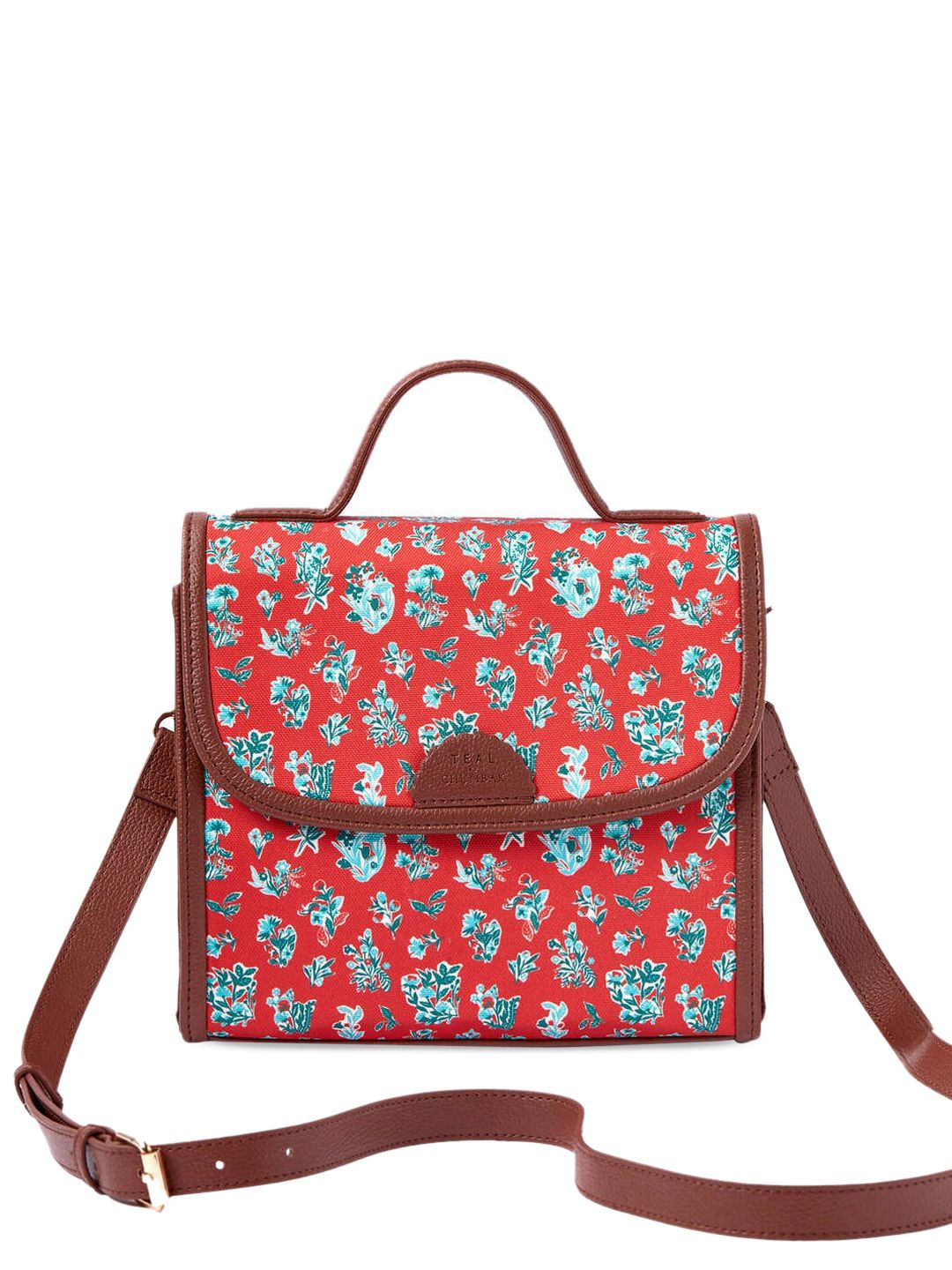 TEAL BY CHUMBAK Detachable Sling Strap Floral Printed Structured Satchel Bag