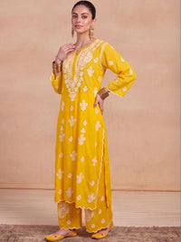Rumah Wanita Chikankari Motif Etnik Bersulam Kurta Chikankari Biasa dengan Palazzos
