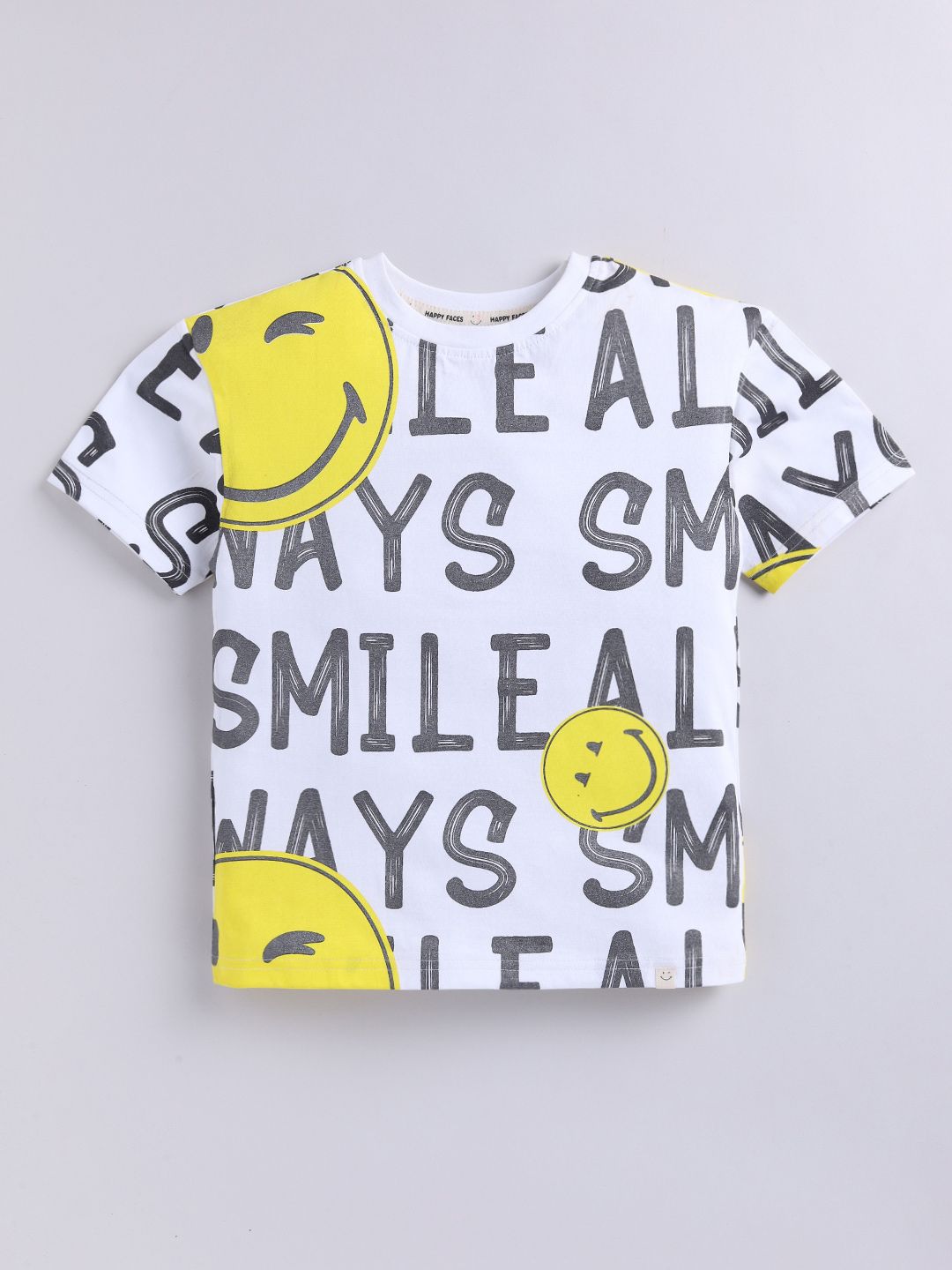 Happy Faces Boys Typography Printed Drop-Shoulder Sleeves Pure Cotton T-shirt