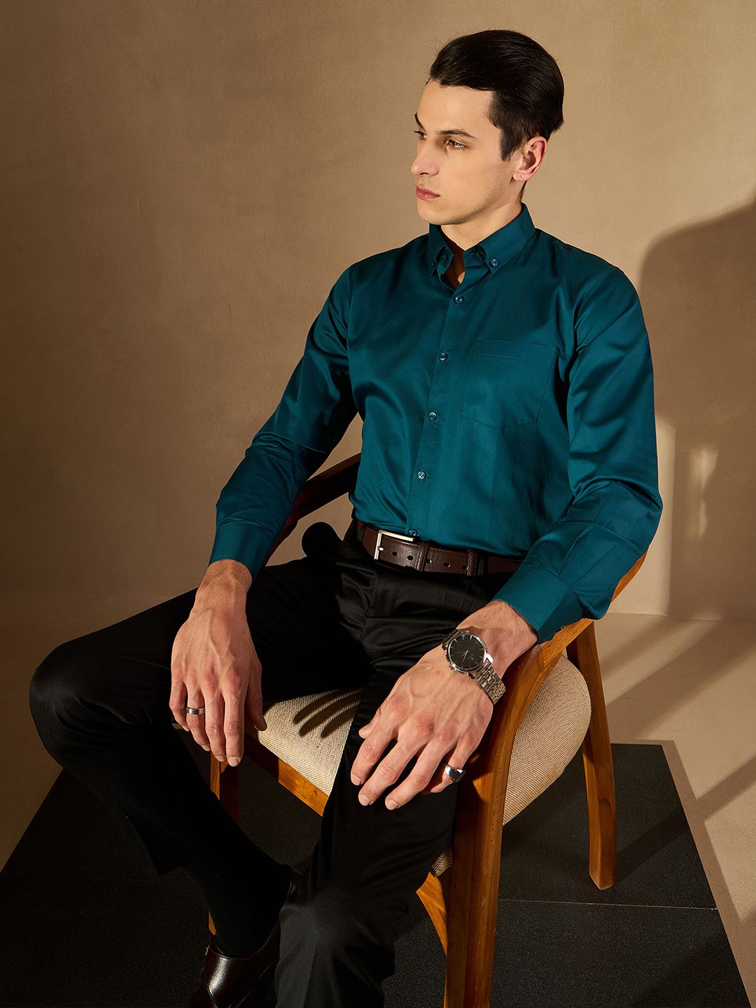 DENNISON Men Teal Green Smart Slim Fit Solid Formal Shirt