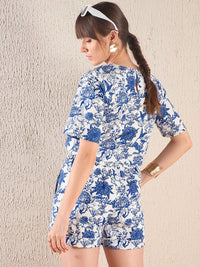 SASSAFRAS Navy Blue Floral Printed Round Neck Crop Top With Shorts