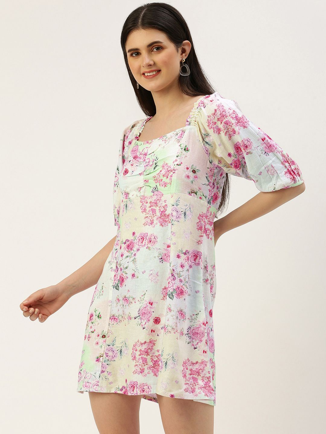 AND Square Neck Floral Print Puff Sleeve Empire Style Smocked Mini Dress