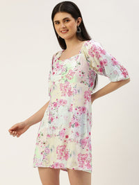 AND Square Neck Floral Print Puff Sleeve Empire Style Smocked Mini Dress