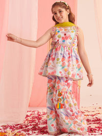 pspeaches Girls Floral Printed Angrakha Kurta with Sharara & With Dupatta