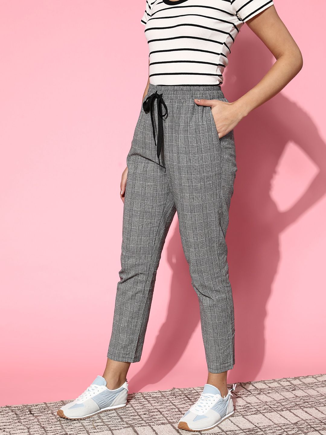 Berrylush Women  Grey Checked Utility Trousers