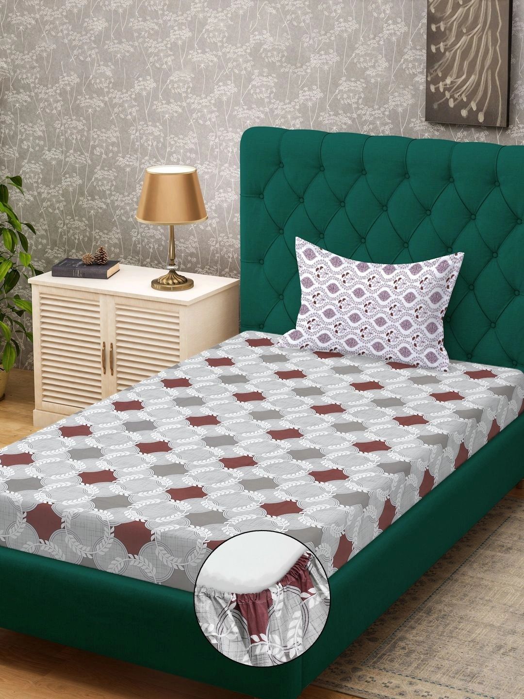 Myntra Elegant Homes Grey Geometric 400 TC Single Bedsheet with 1 Pillow Covers