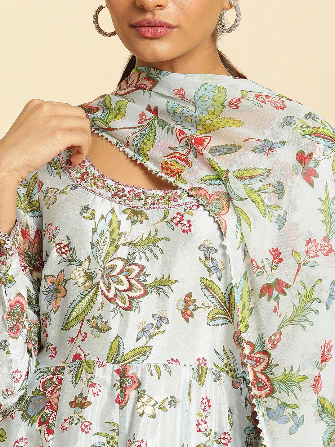 W Floral Printed Anarkali Kurta With Leggings & Dupatta