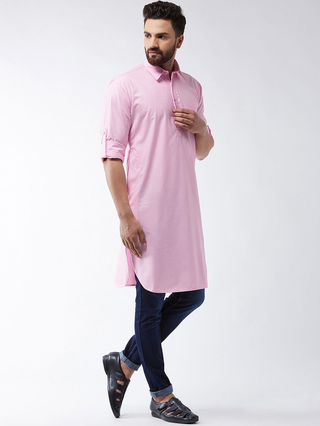 SOJANYA Men Pink Solid Straight Kurta