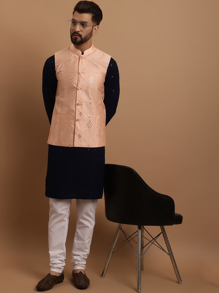 SOJANYA Ethnic Embroidered Sequinned Cotton Kurta & Churidar With Nehru Jacket