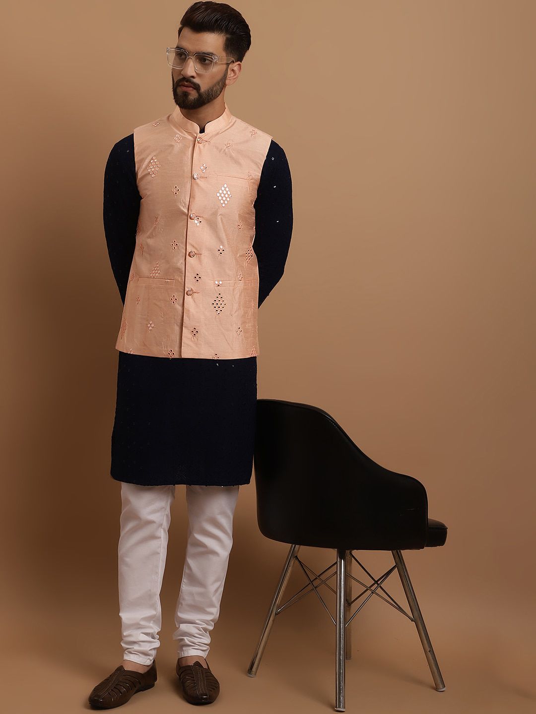 SOJANYA Ethnic Embroidered Sequinned Cotton Kurta & Churidar With Nehru Jacket