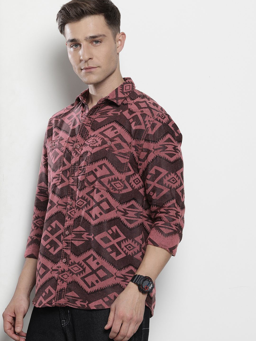 The Indian Garage Co Self Design Geometric Jacquard Relaxed Fit Shirt