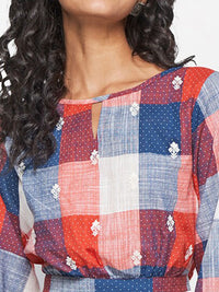 Global Desi Checked Puff Sleeves Pure Cotton Crop Top