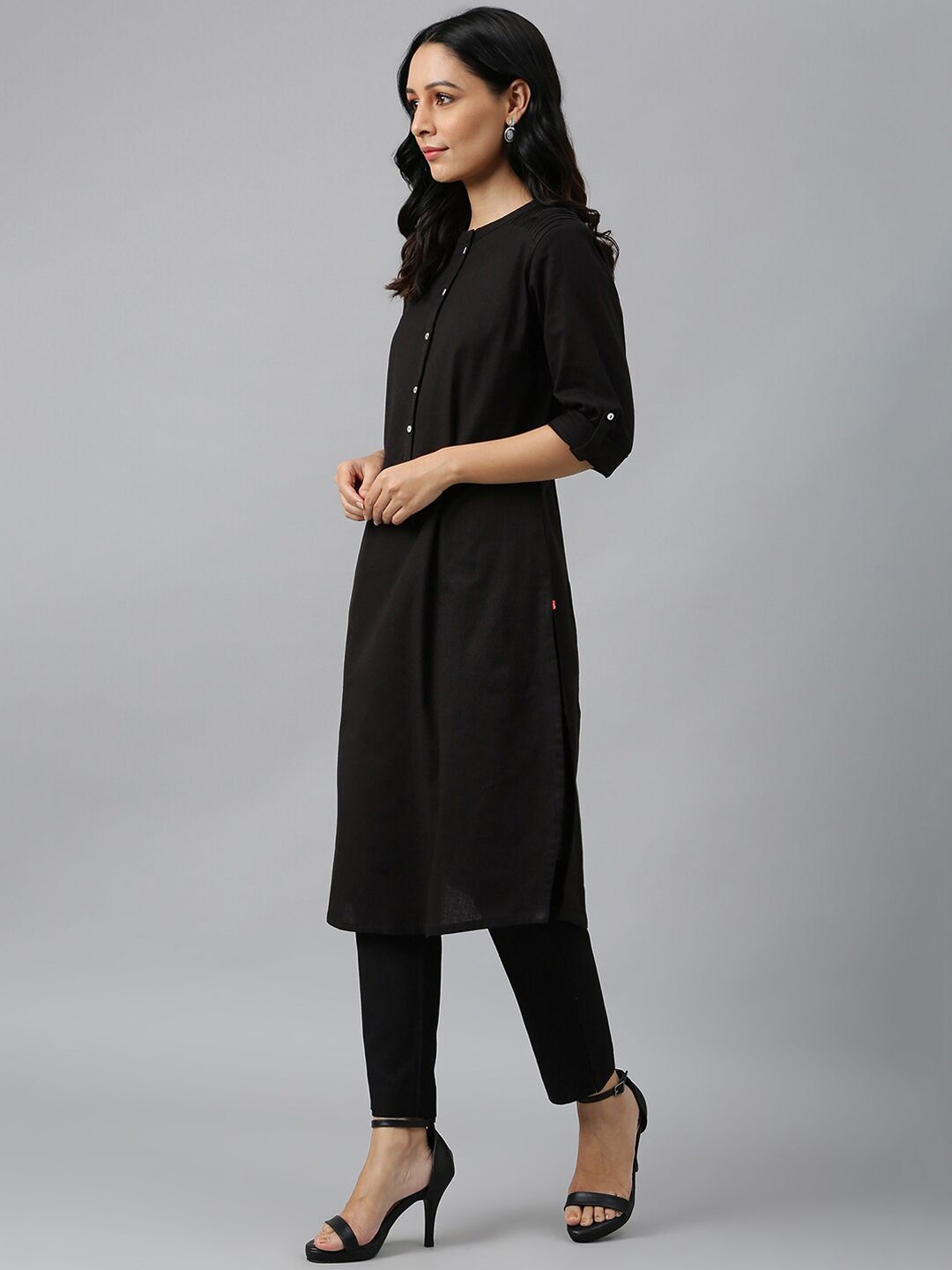 W Black Mandarin Collar Roll-Up Sleeves Pathani Kurta