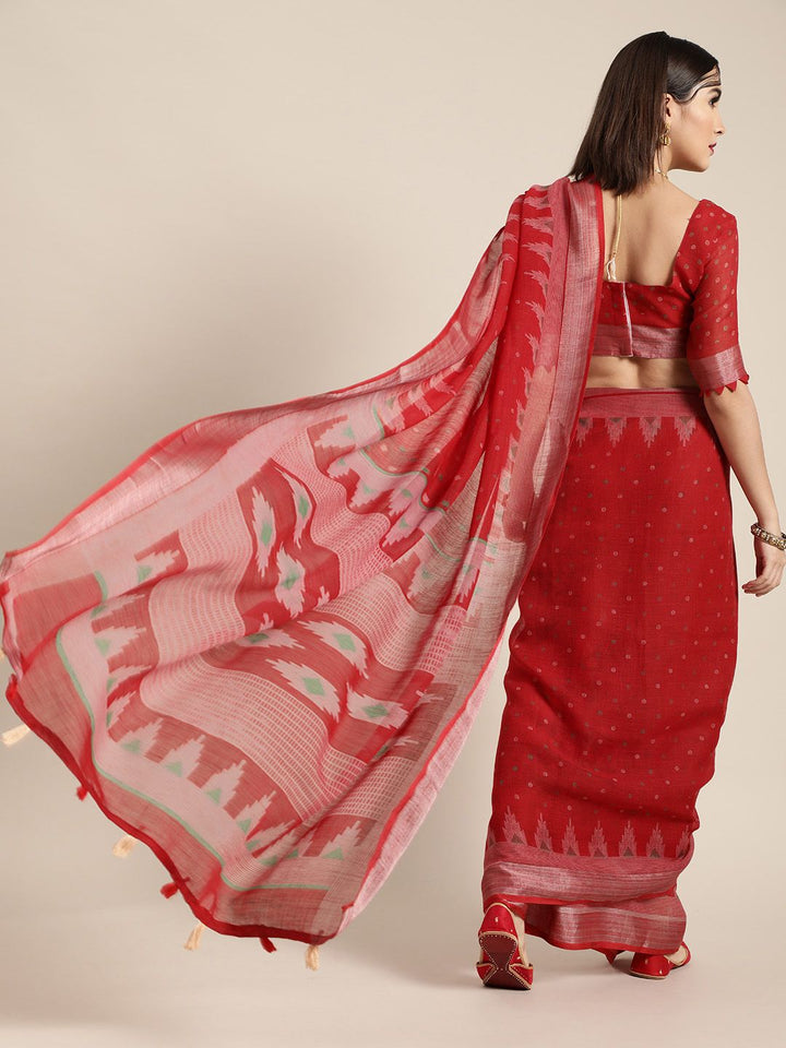 Saree Mall Blazing Red Linen Blend Saree