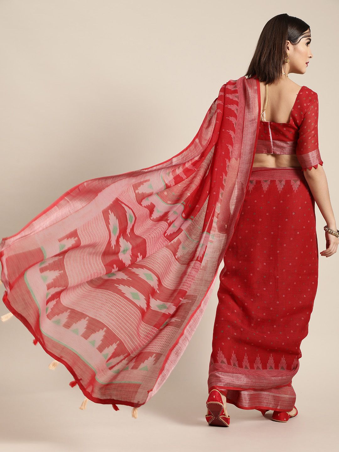 Saree Mall Blazing Red Linen Blend Saree