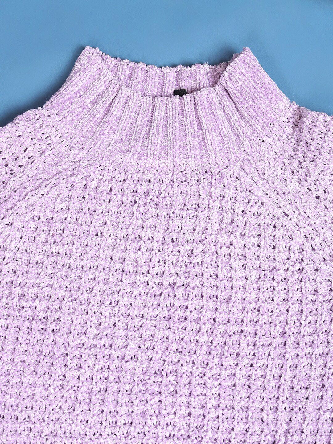 Tokyo Talkies Lavender Open Knit Turtle Neck Crop Acrylic Pullover Sweater