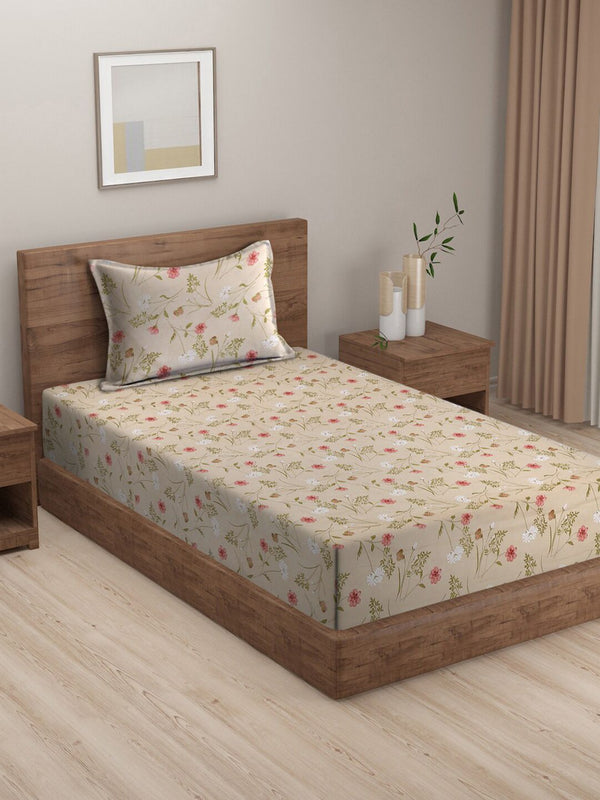 HOSTA HOMES Pink & Green Floral 210 TC Flat Cotton Single Bedsheet & 1 Pillow Cover