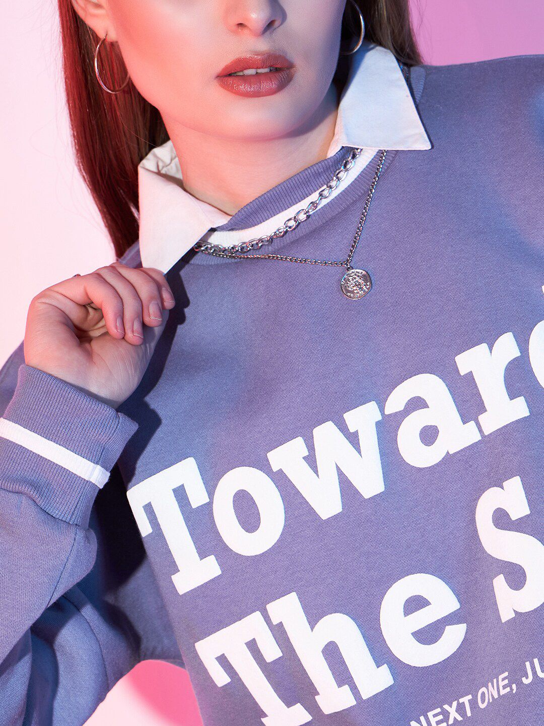 STREET 9 Lavender Typography Printed Drop Shoulder Pullover Fleece Sweatshirt