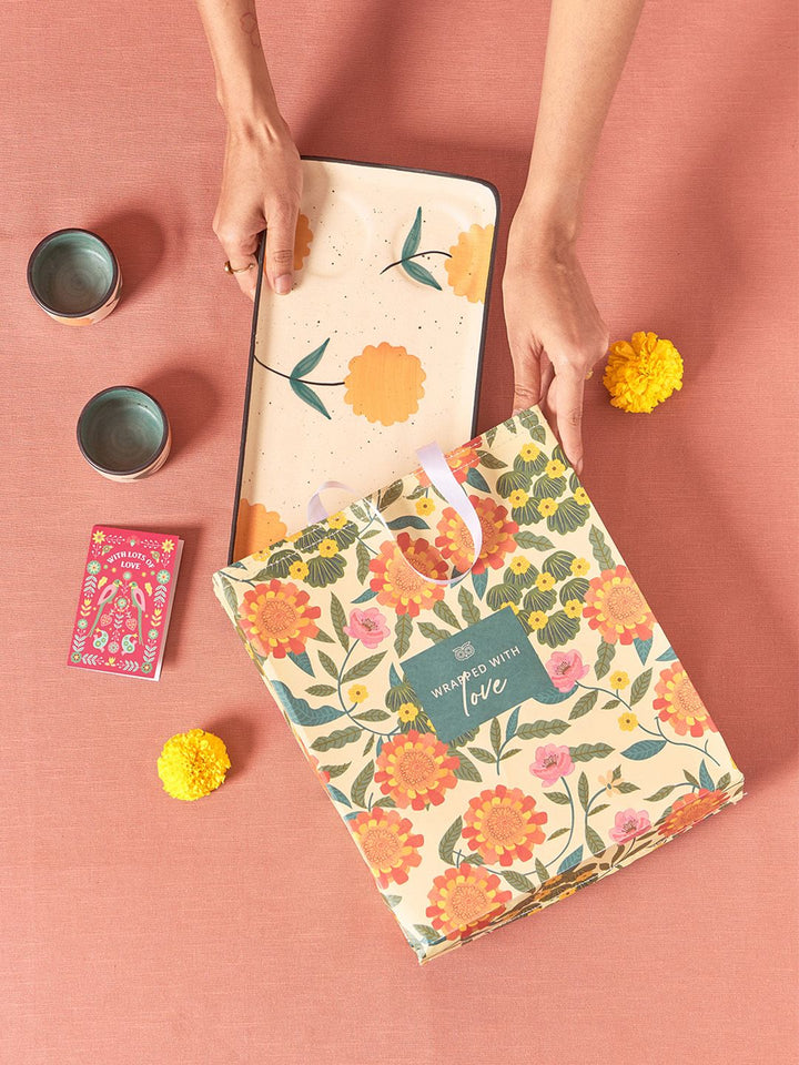 Chumbak White Marigold Handpainted Chip & Dip Platter