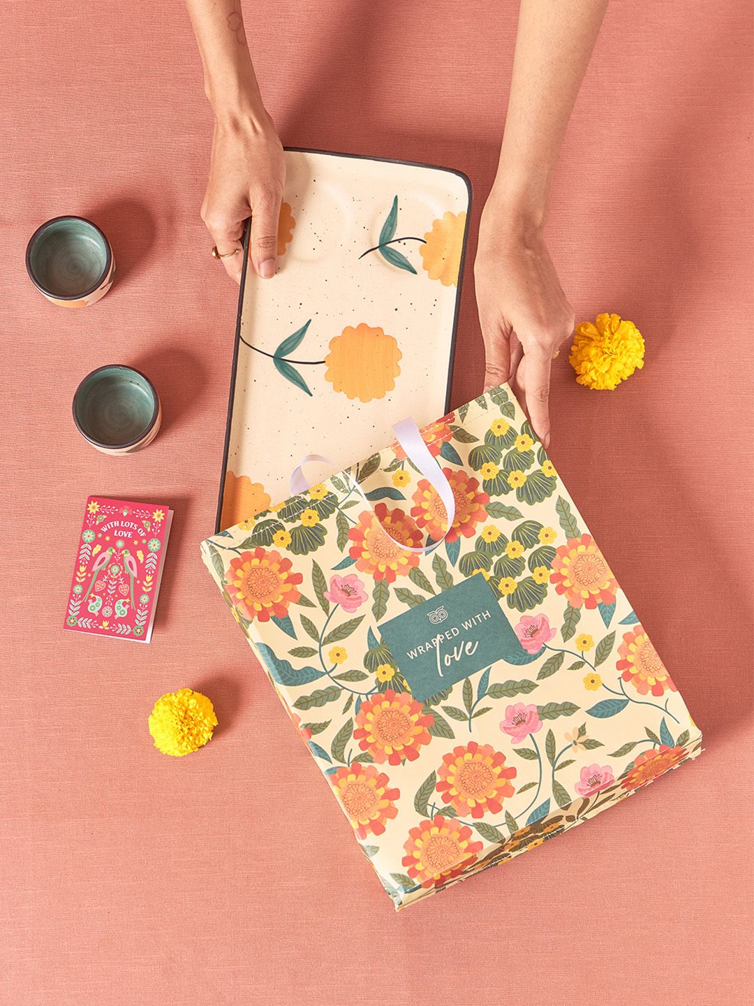 Chumbak White Marigold Handpainted Chip & Dip Platter