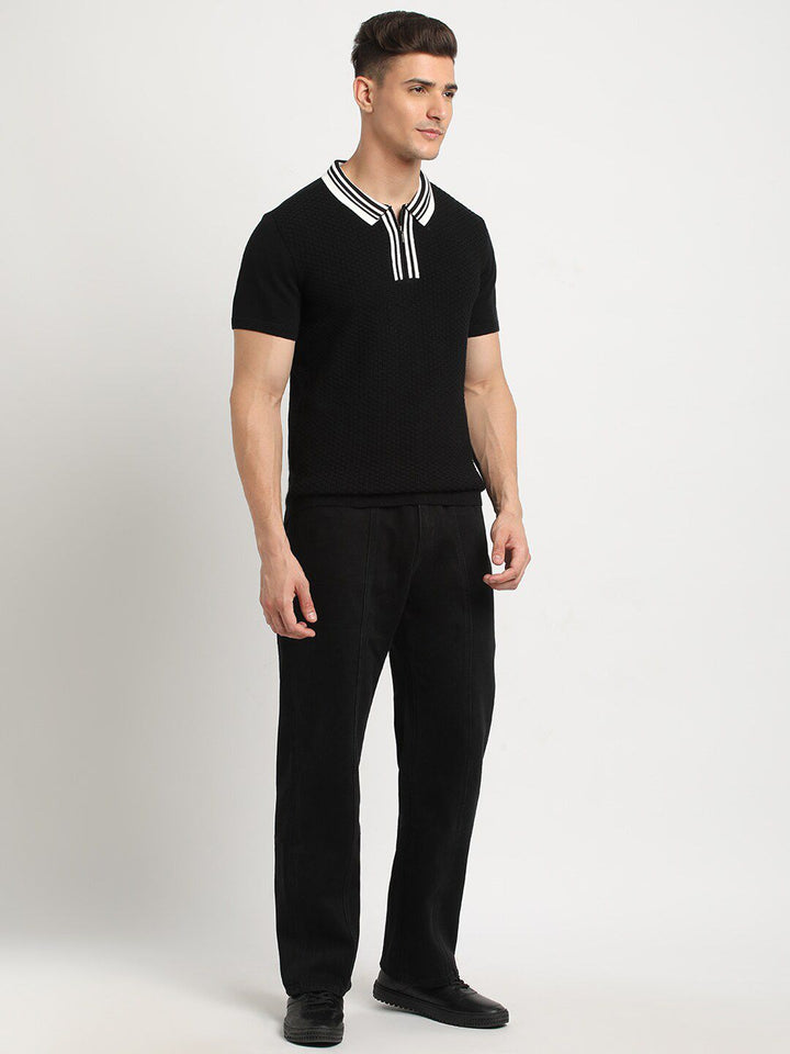 THE BEAR HOUSE Self Design Polo Collar Cotton T-shirt