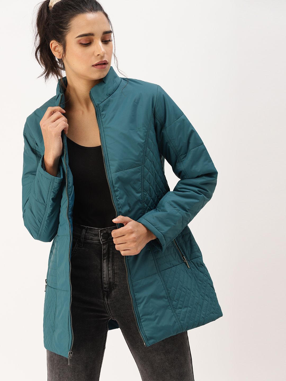 DressBerry Women Teal Blue Solid Windcheater Padded Jacket